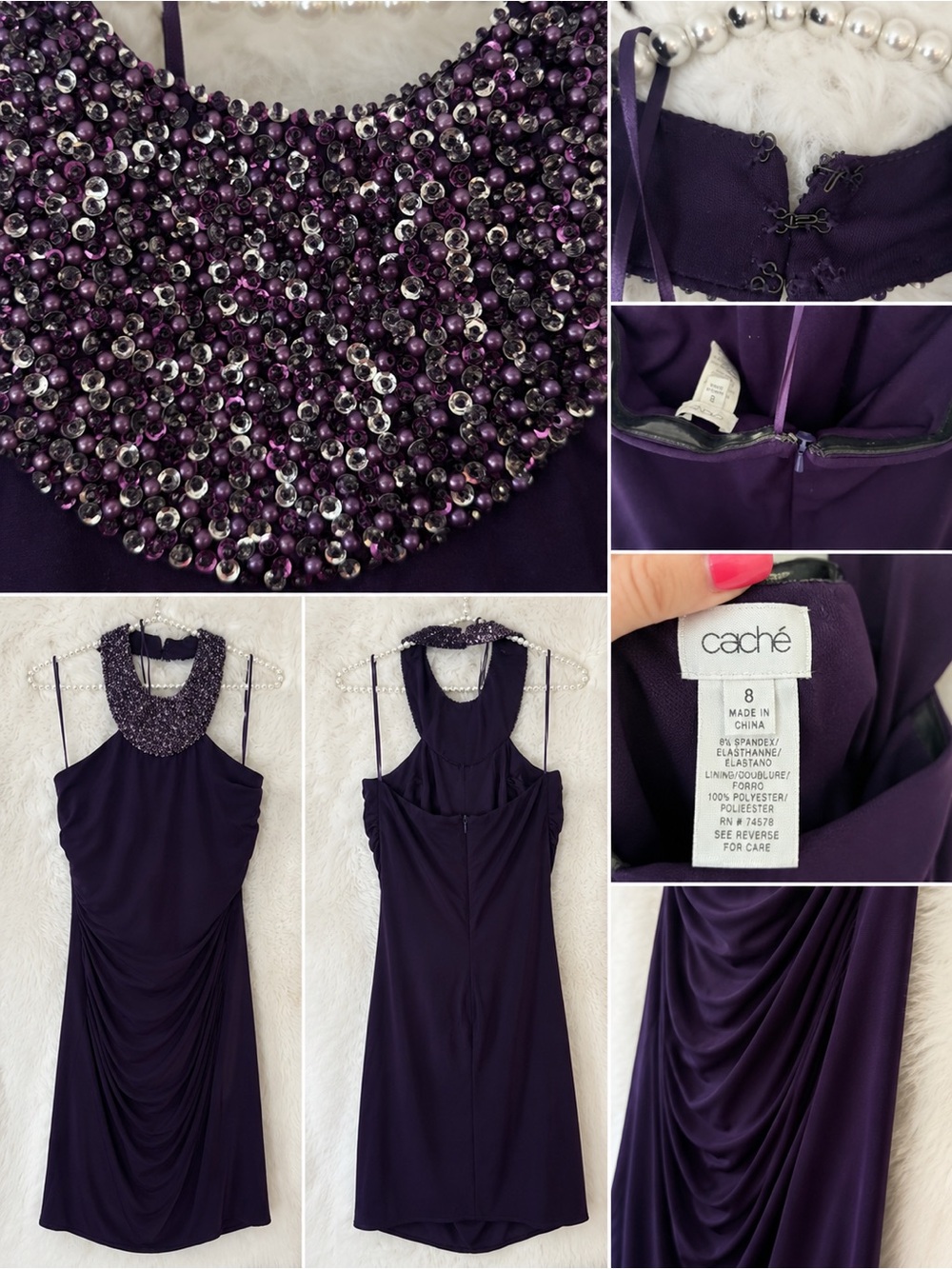 Cache Beaded Neck Purple Cocktail Dress